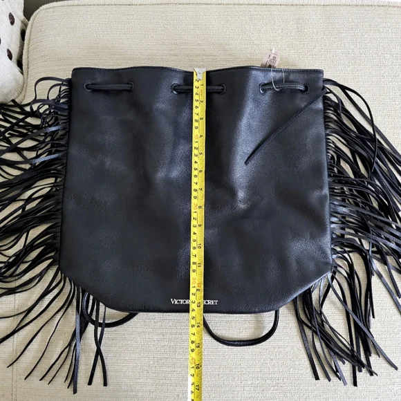 Victoria's Secret Black Vegan Leather Fringe Backpack Handbag Shoulder Bag NWT - Picture 14 of 15